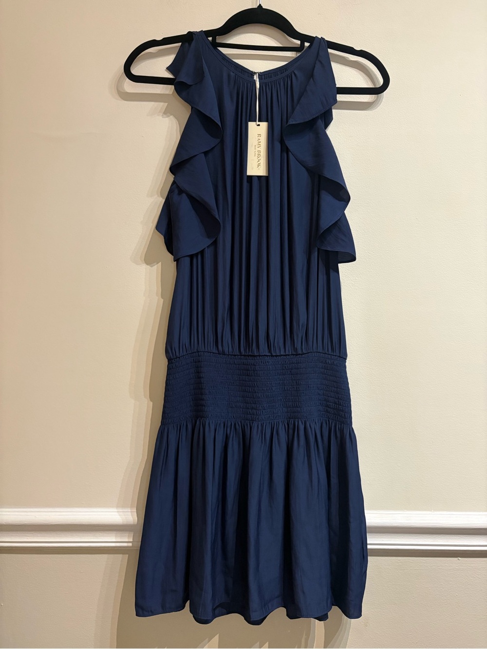 Ramy Brook NWT Rembi Ruffle Detail Smocked Waist Navy Blue Mini Dress Sz Medium - Picture 2 of 9